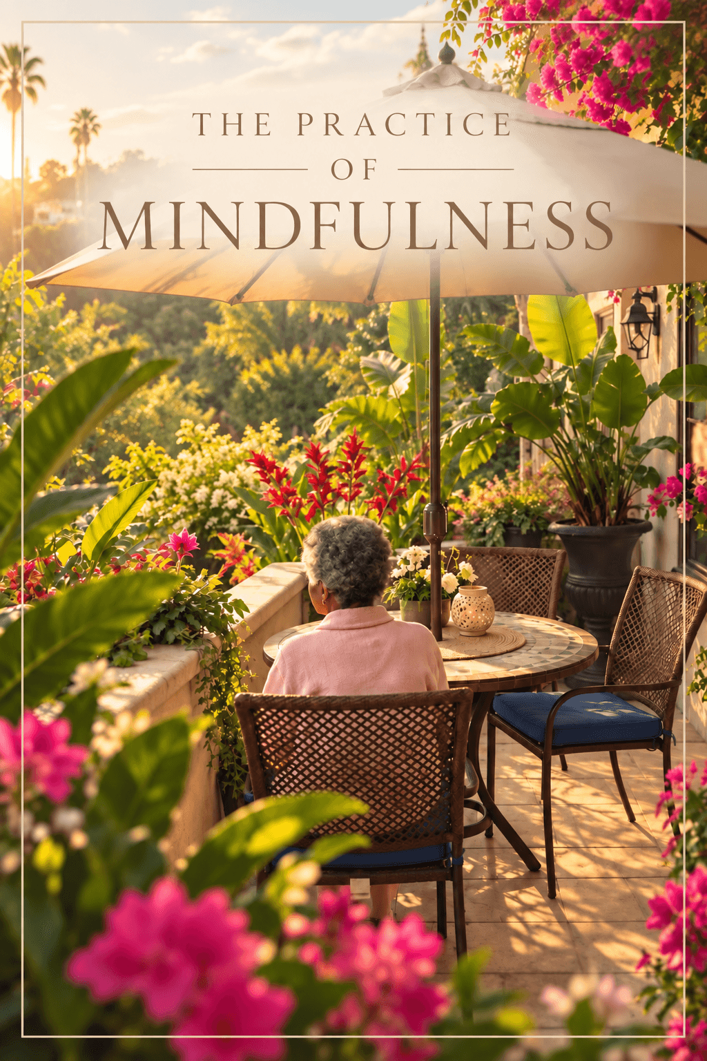 Person sitting at a table on a balcony surrounded by colorful flowers and greenery, with a large umbrella overhead.