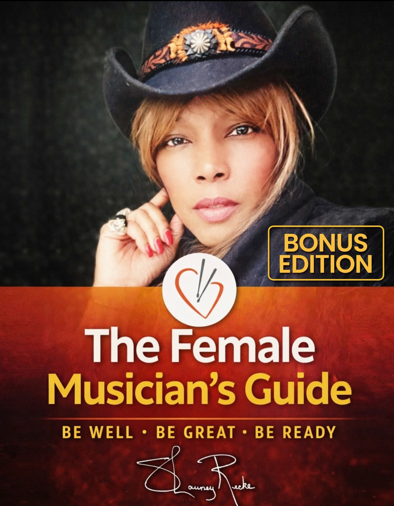Woman wearing a hat with a decorative band, looking at the camera, with text about a female musician's guide and bonus edition.