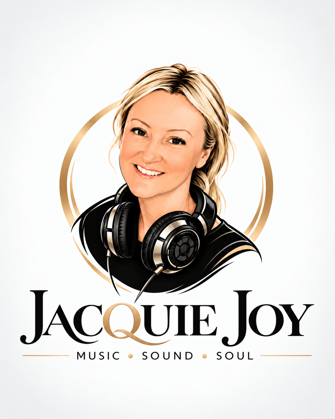 Portrait of a smiling woman with headphones, with text 'Jacquie Joy' and 'Music Sound Soul' below.