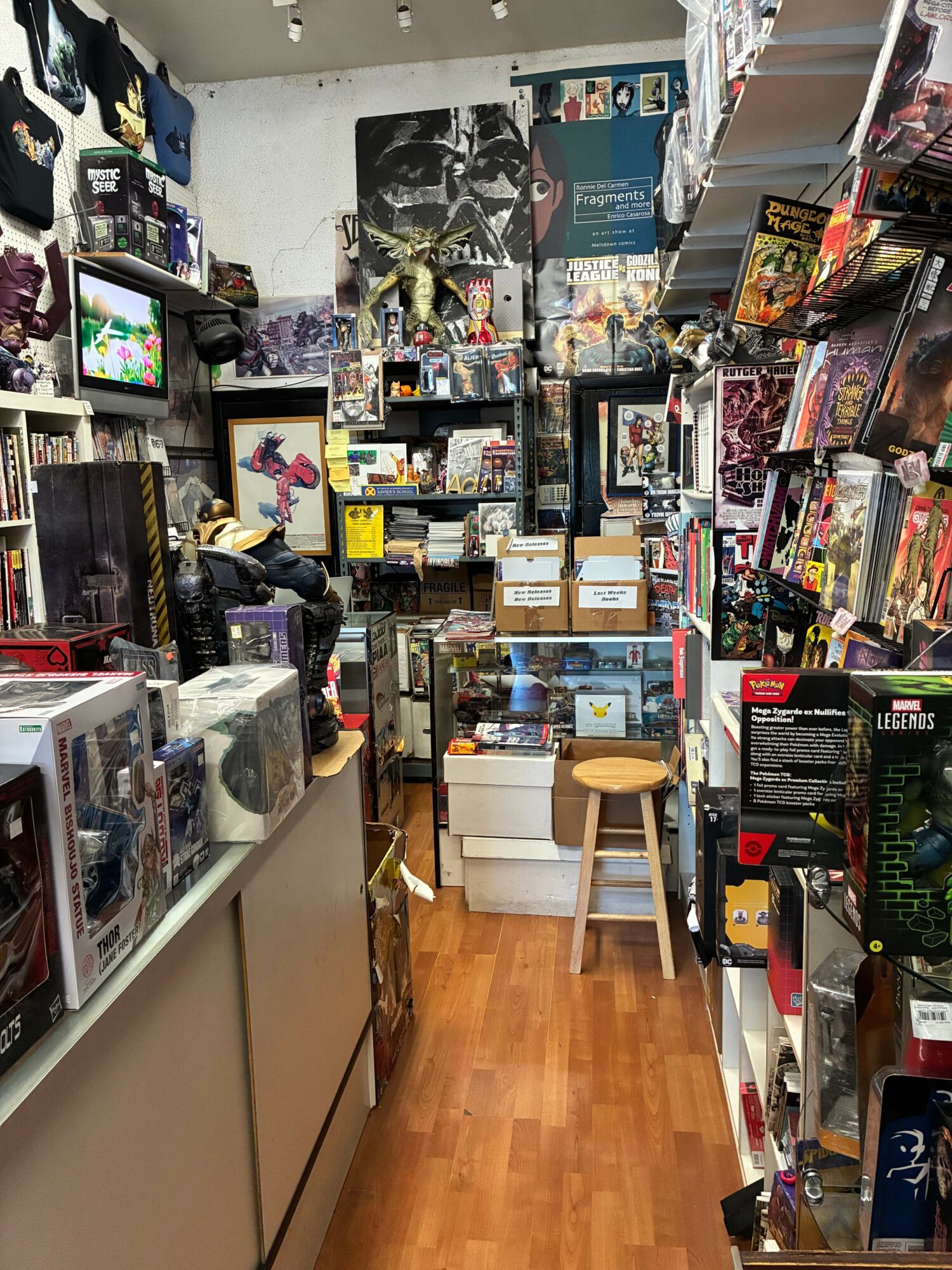 View of a store with shelves filled with toys, games, and collectibles, and a person browsing at the counter.