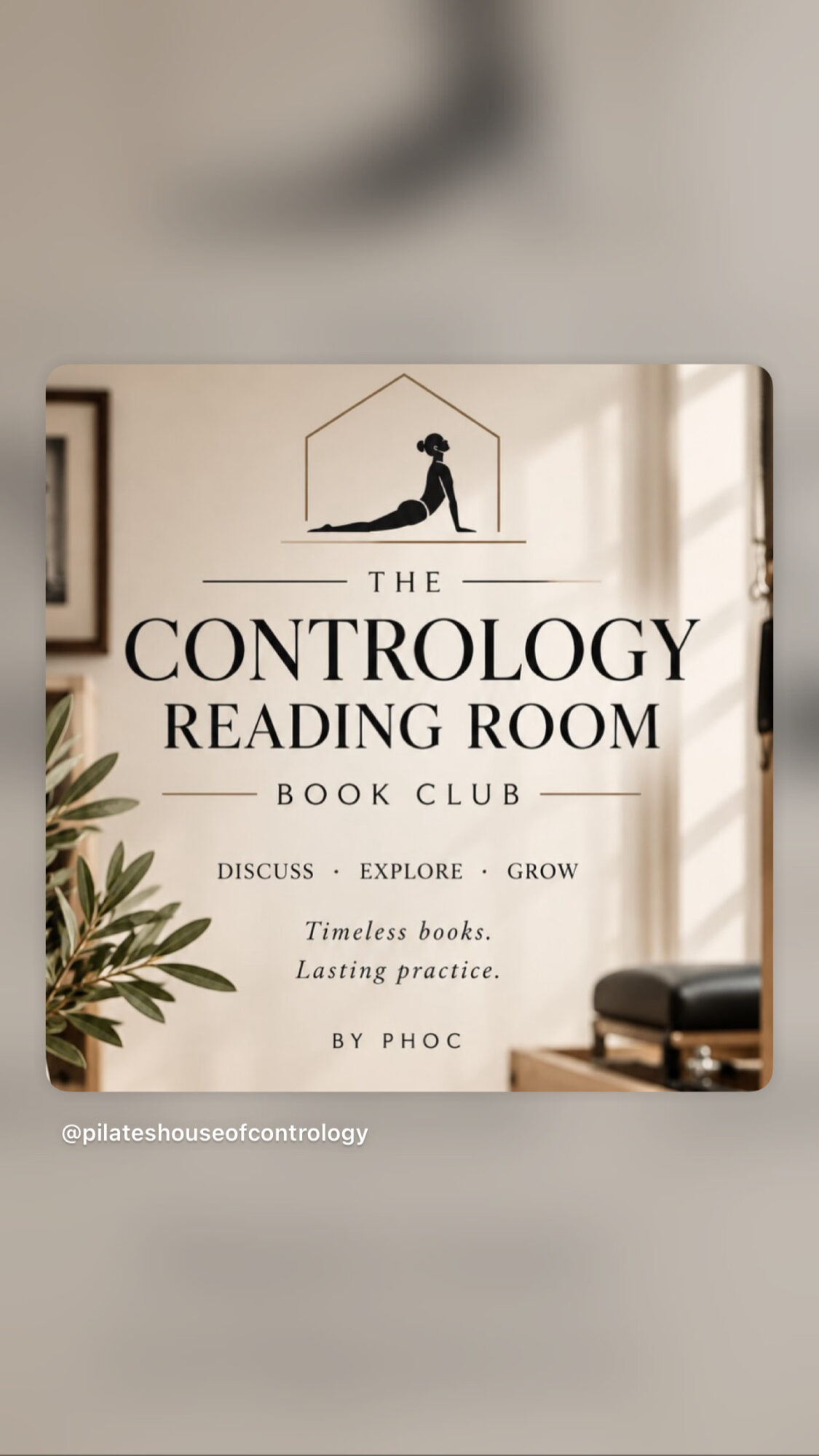 Book cover titled 'The Contrology Reading Room' with a silhouette of a person practicing yoga, and text about discussion and exploration.
