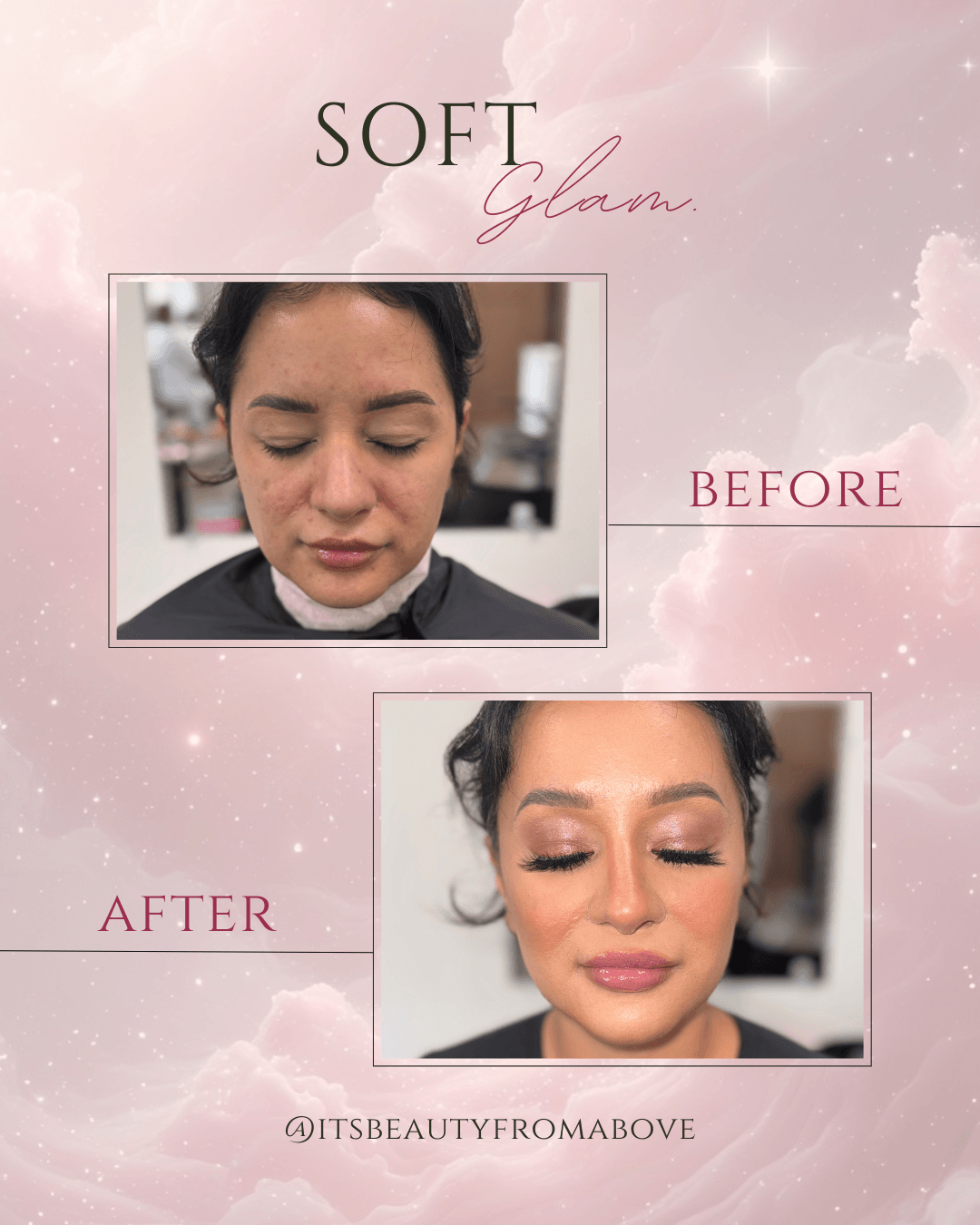 Comparison of a woman's face before and after makeup, with a pink background and text 'Soft Glam'.
