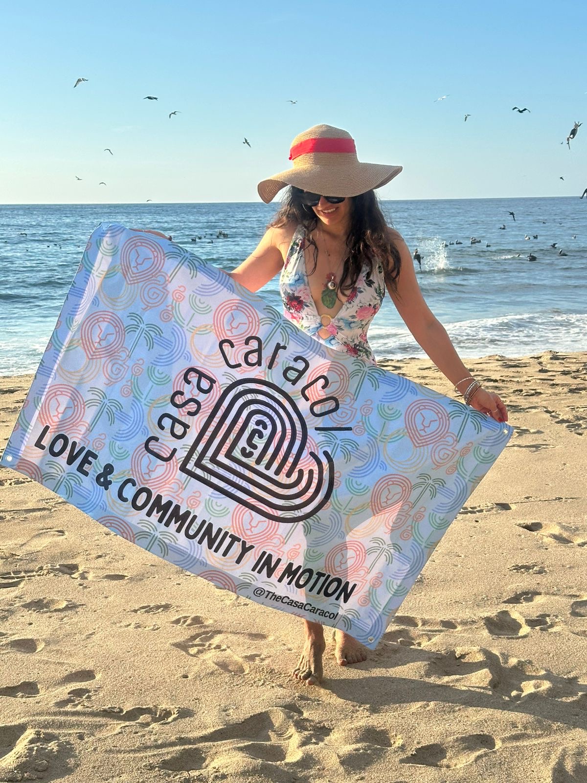 Person holding a colorful banner on a sandy beach with ocean and birds in background, wearing a wide-brimmed hat and floral dress.