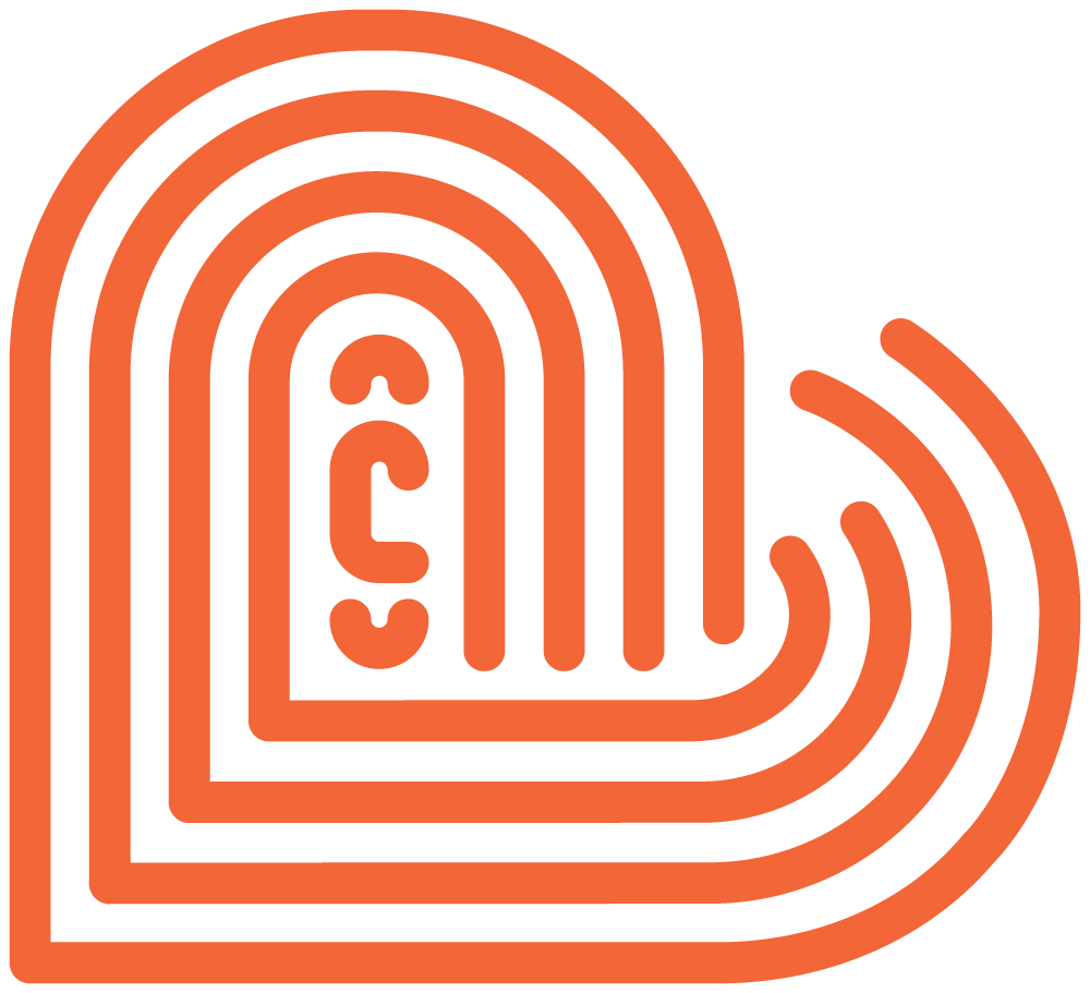 Orange fingerprint pattern on black background, with concentric lines forming a stylized fingerprint design.