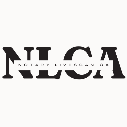 Logo with large bold letters 'NLCA' and smaller text 'Notary Livescan CA' beneath, on a white background.