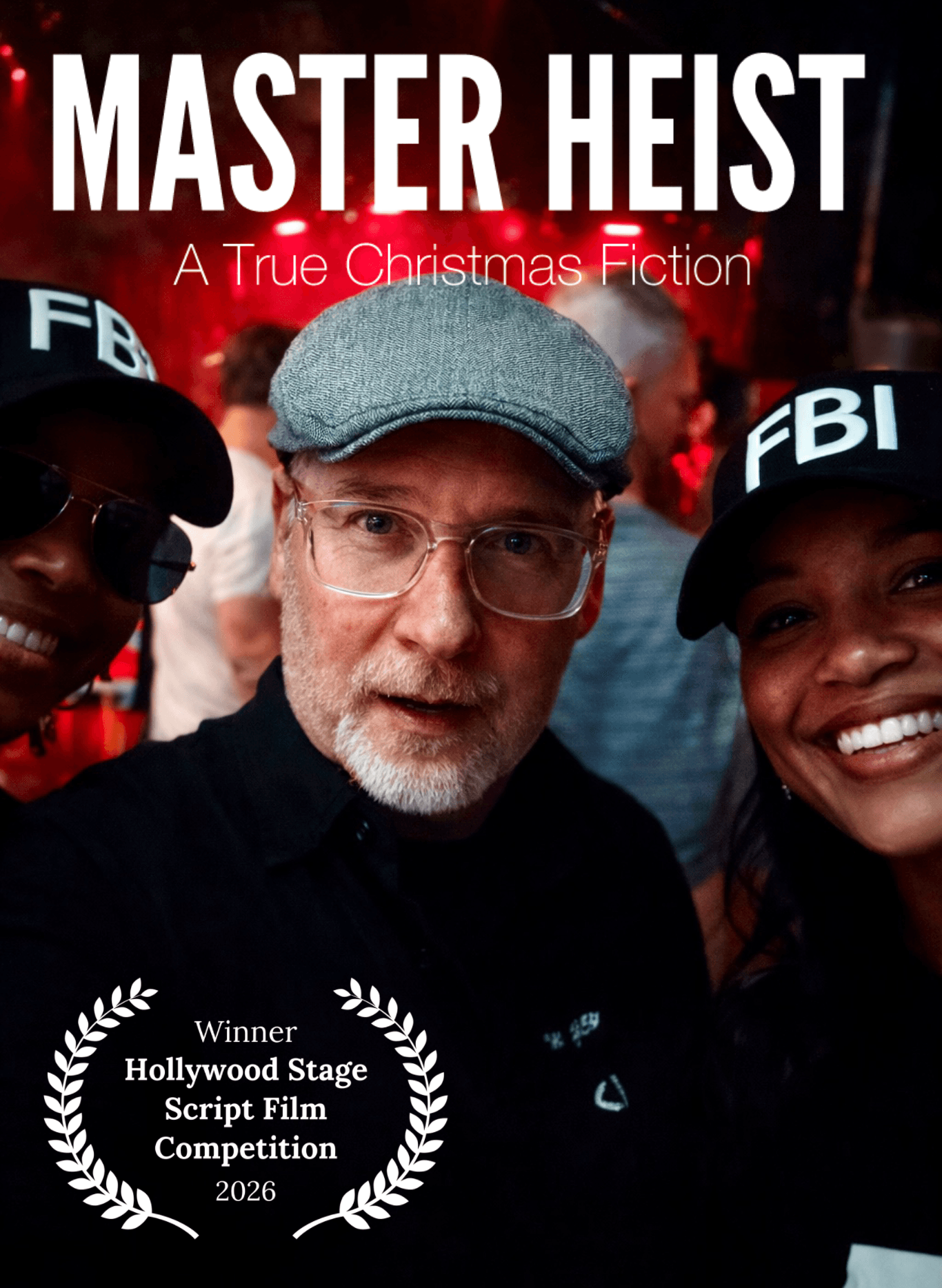 Three people in FBI costumes, one in the middle wearing glasses and a cap, smiling at the camera.