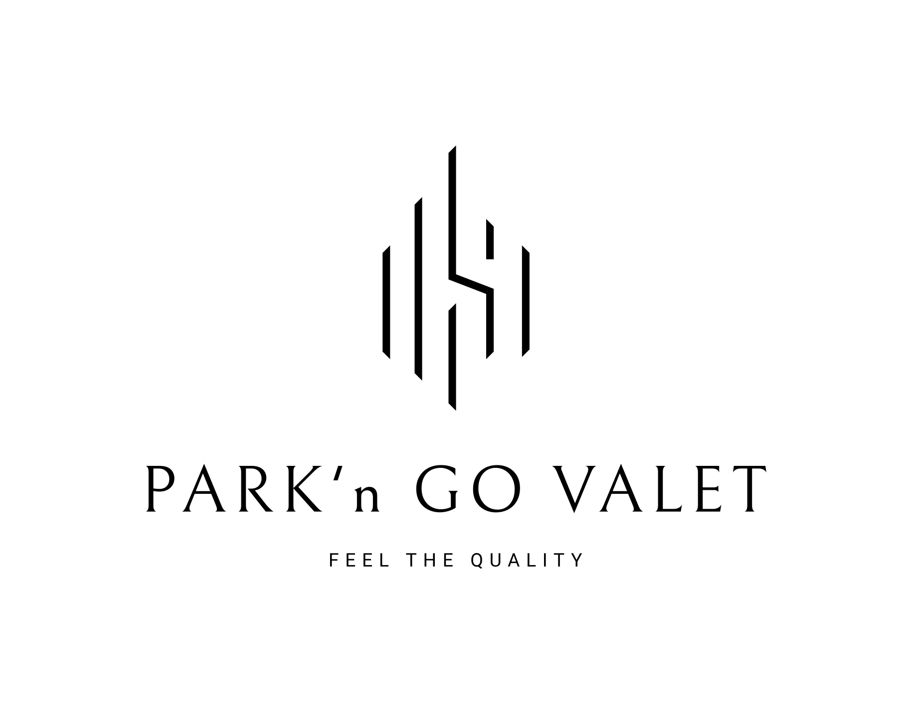 Logo with stylized vertical lines above text 'PARK'n GO VALET' and tagline 'FEEL THE QUALITY'.
