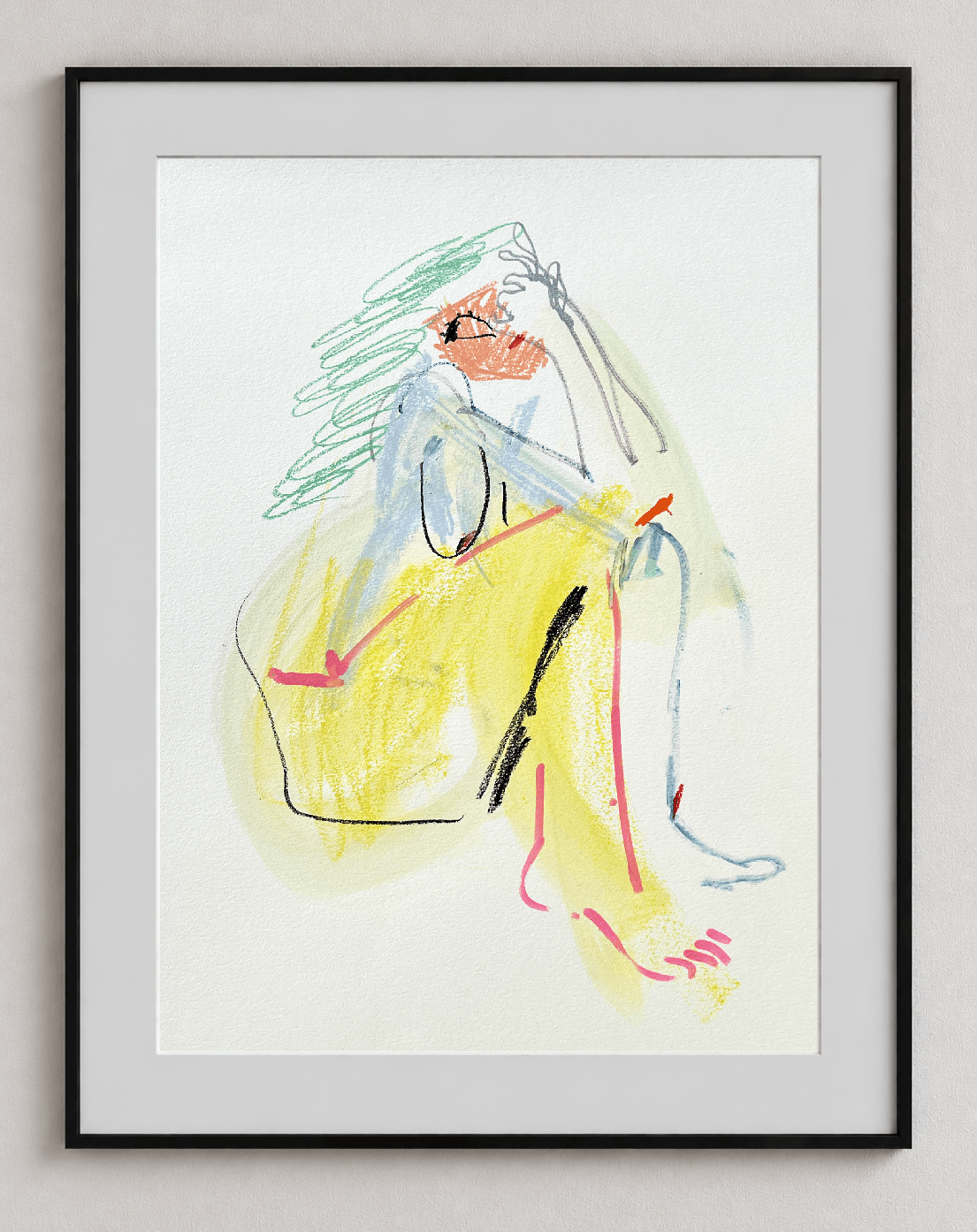 A colorful abstract sketch of a person sitting, with green hair, glasses, and a yellow garment, in a black frame.