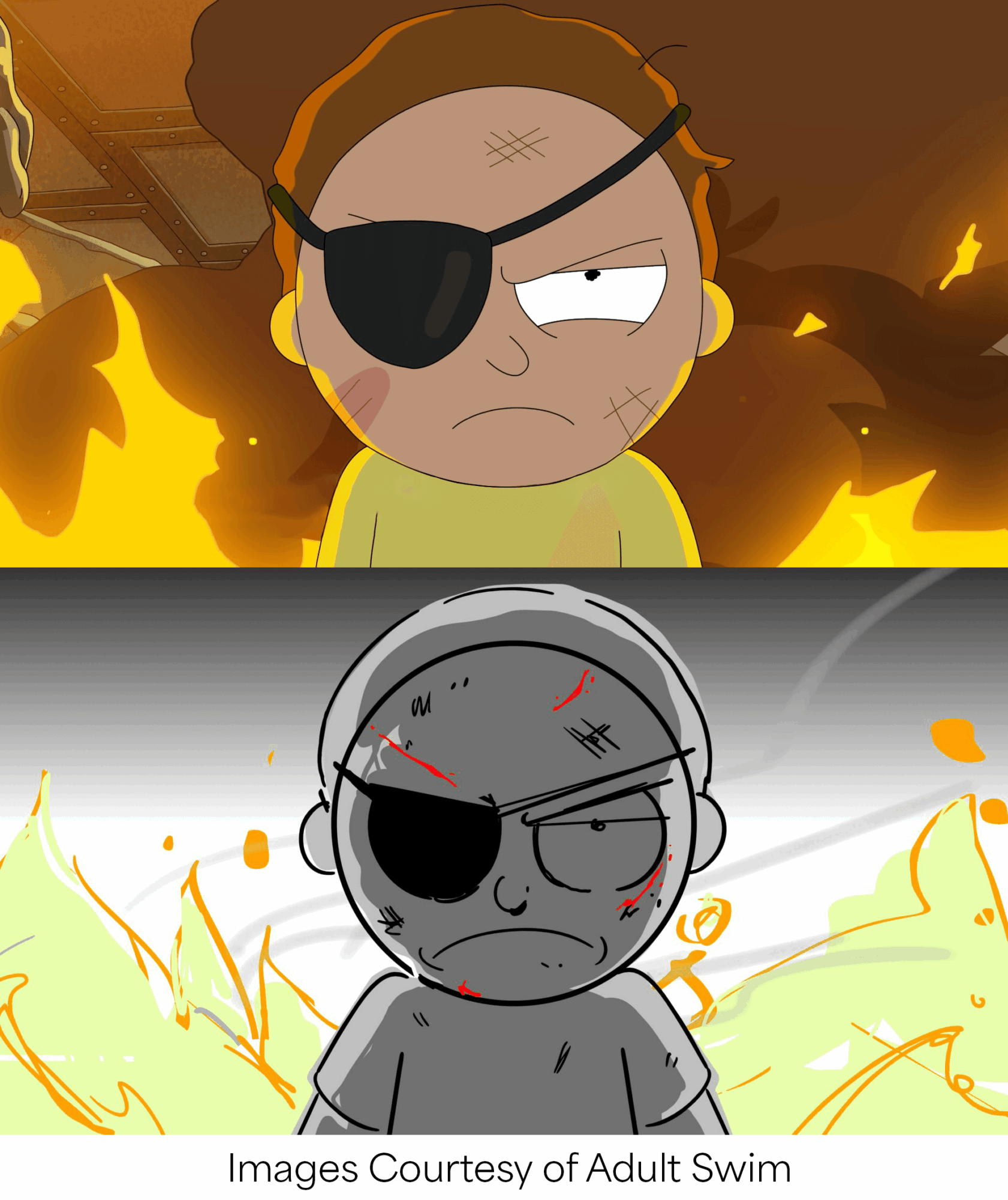 Animated character with an eye patch, angry expression, surrounded by flames, shown in color and grayscale versions.