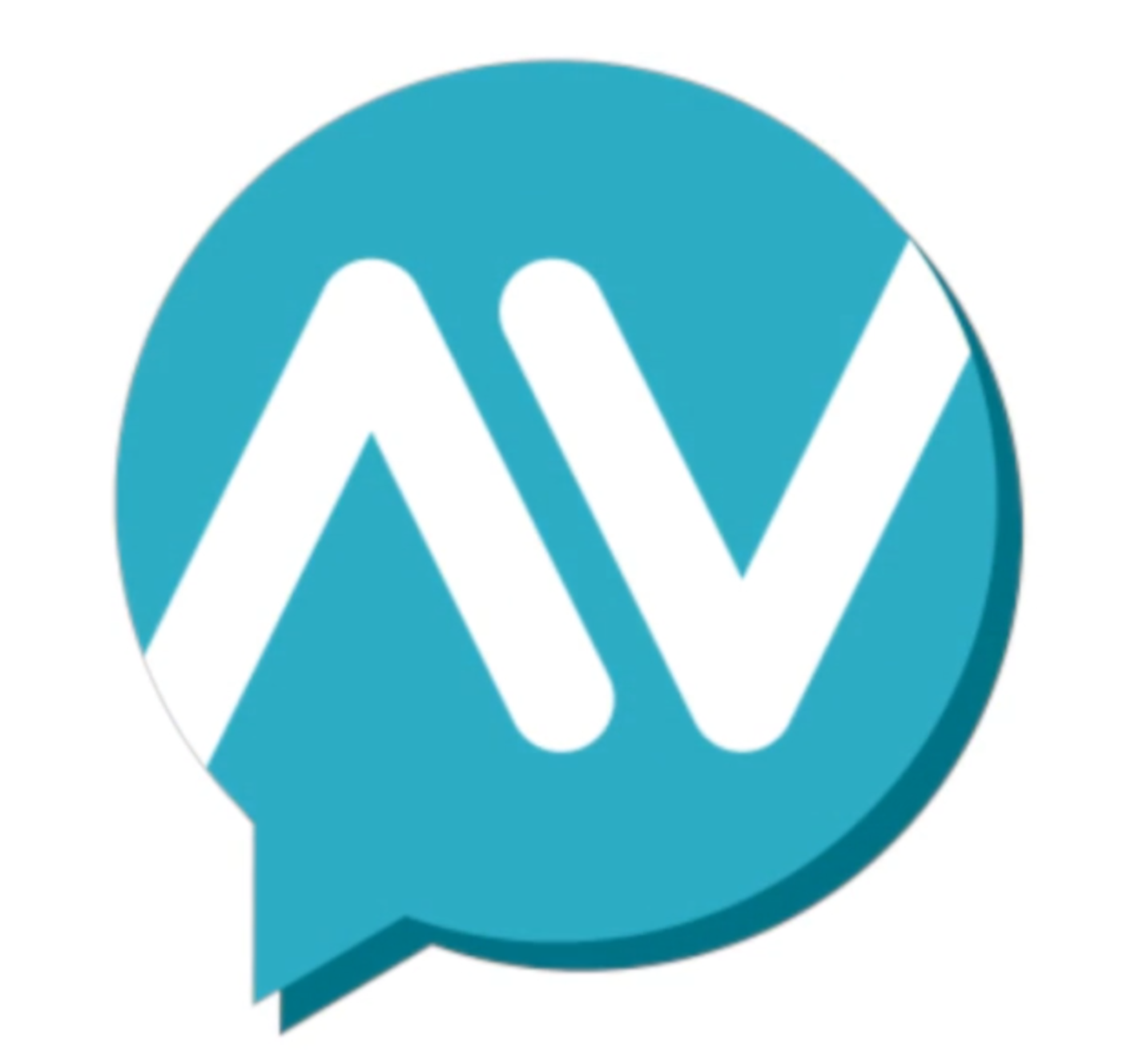 Blue circular logo with white stylized letters 'A' and 'V' inside a speech bubble shape.