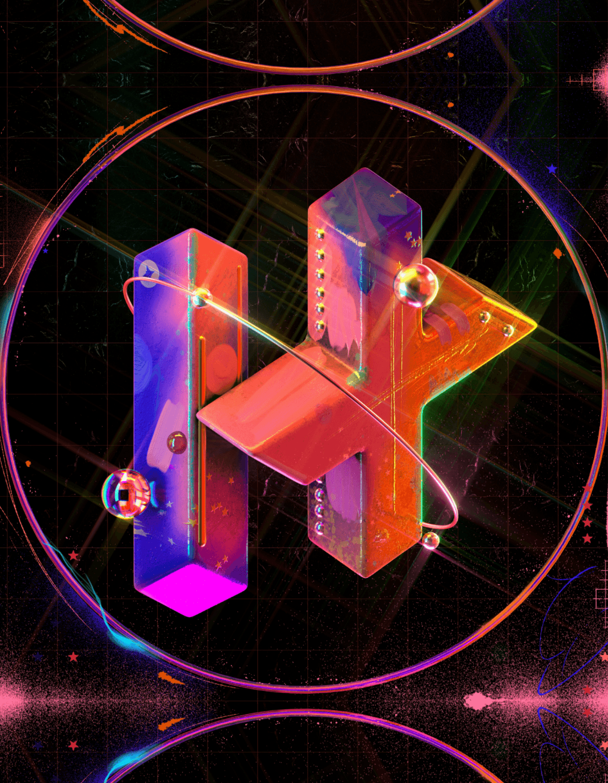 Colorful abstract digital art with geometric shapes, glowing lines, and a dark background, resembling a futuristic or cosmic scene.
