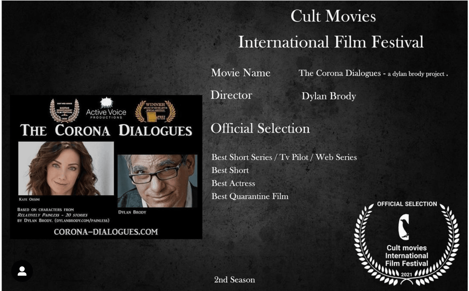 Festival certificate with film title, director, and award categories, featuring a photo of a woman and a man, and festival logos.