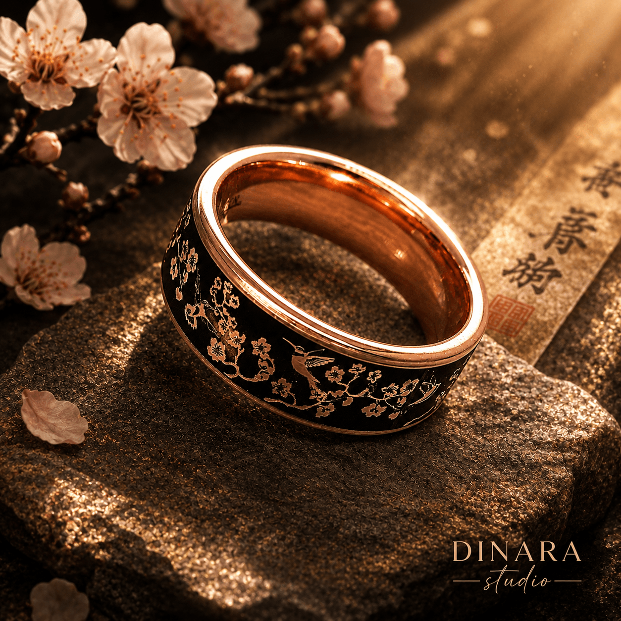 Decorative ring with floral patterns rests on a textured surface, surrounded by cherry blossoms and warm lighting.