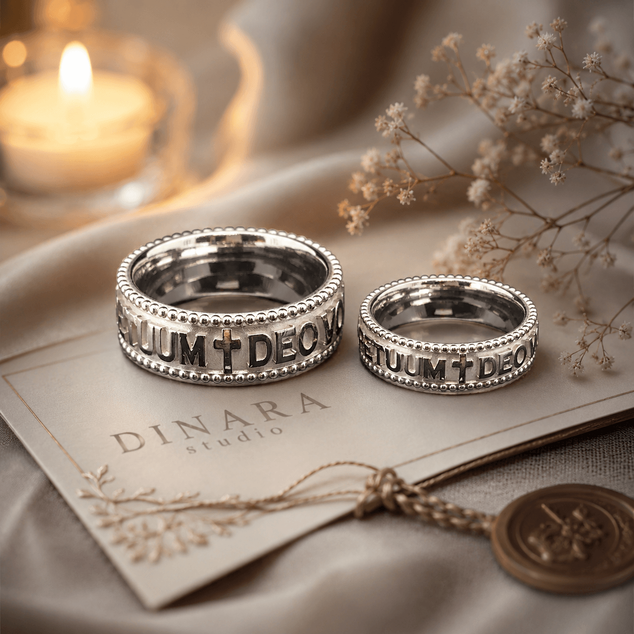 Two silver rings with engraved text rest on a paper with a wax seal and dried flowers, candlelight in background.