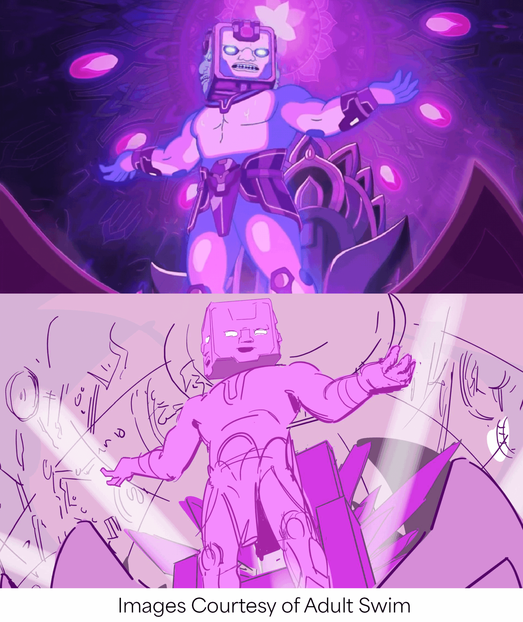 A cartoon character with a square head and muscular body stands in a cosmic background, glowing purple and pink. Word count: 20.