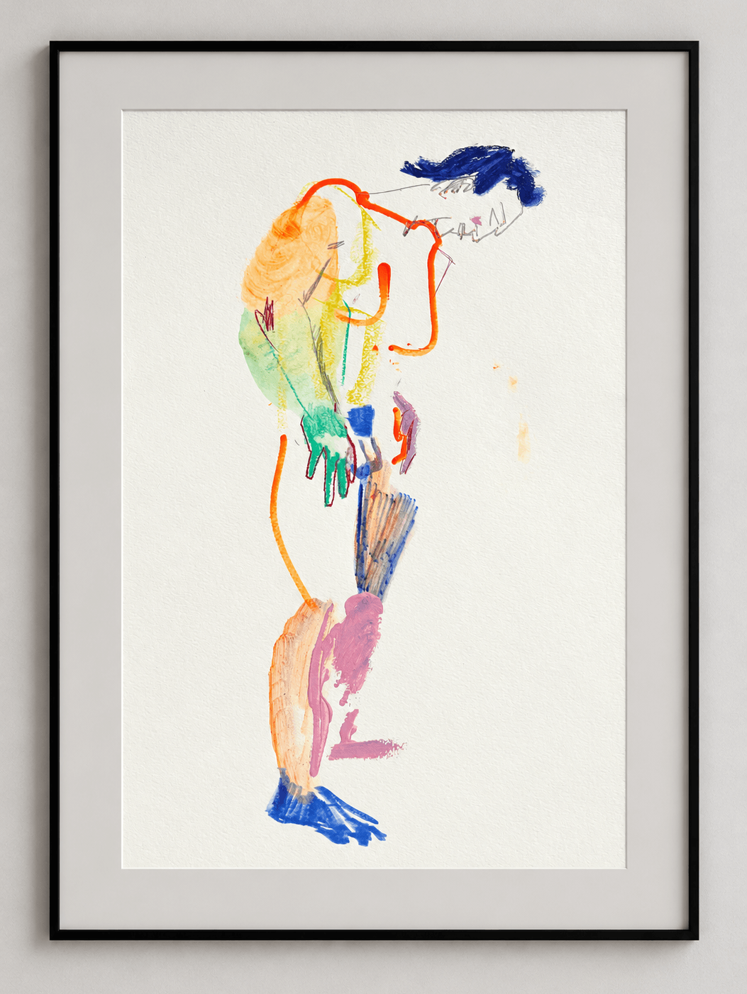 Abstract colorful figure with a blue head, orange outline, and multicolored limbs, standing upright, in a frame.