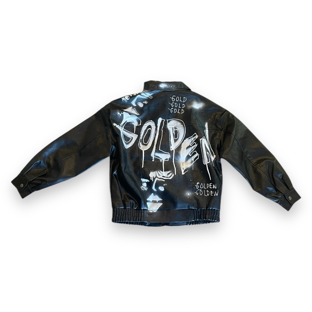 Black jacket with blue and white graffiti-style text and designs, including the word 'GOLDEN' repeated multiple times.