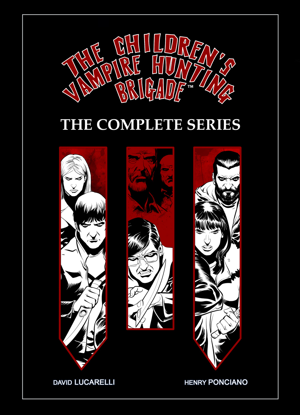 Book cover titled 'The Children's Vampire Hunting Brigade' with black background, red and white text, and three illustrated children holding stakes.
