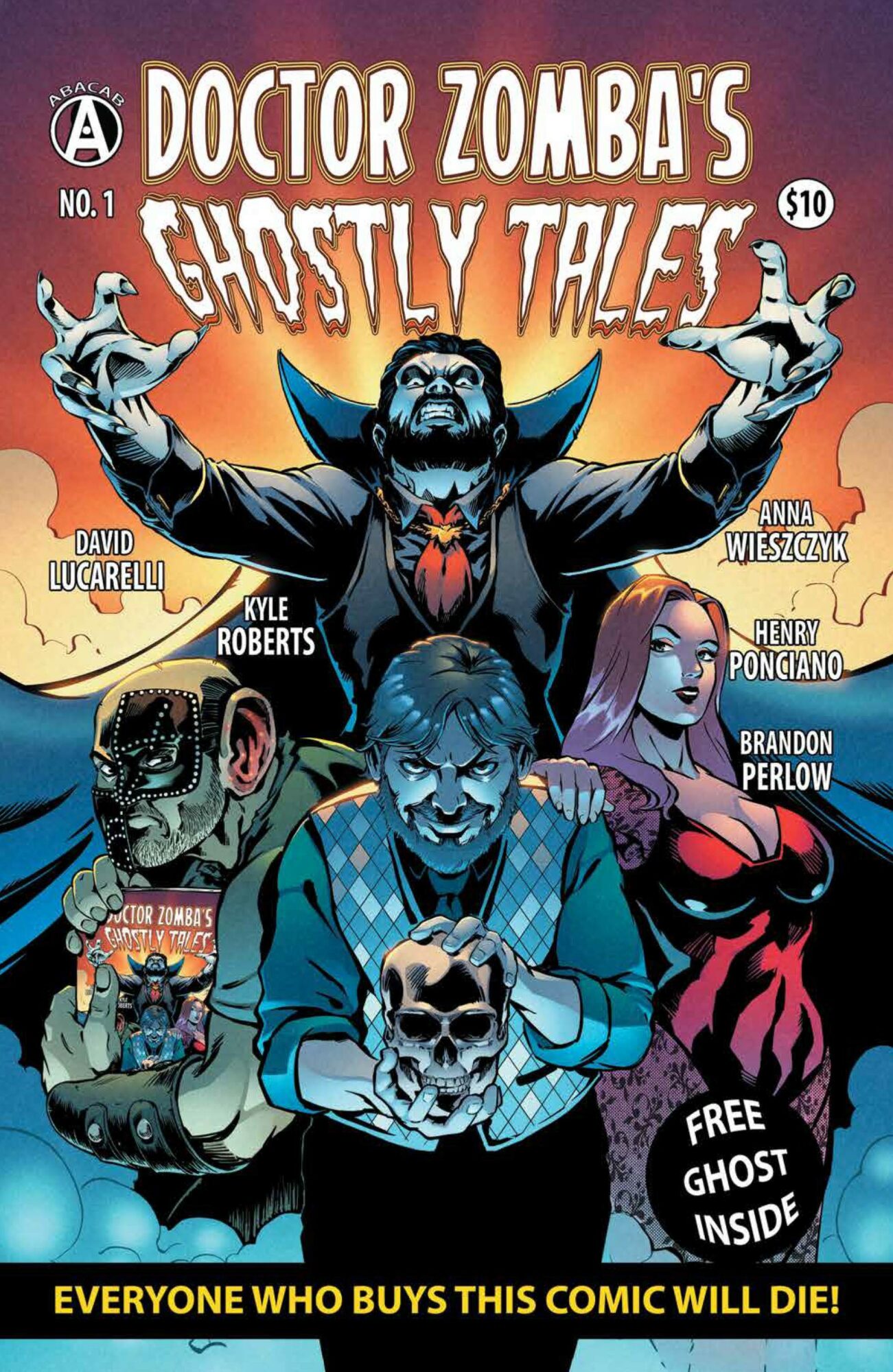 Comic book cover titled 'Doctor Zomba's Ghostly Tales' featuring a vampire-like character with outstretched arms, surrounded by other characters, with a purple background.