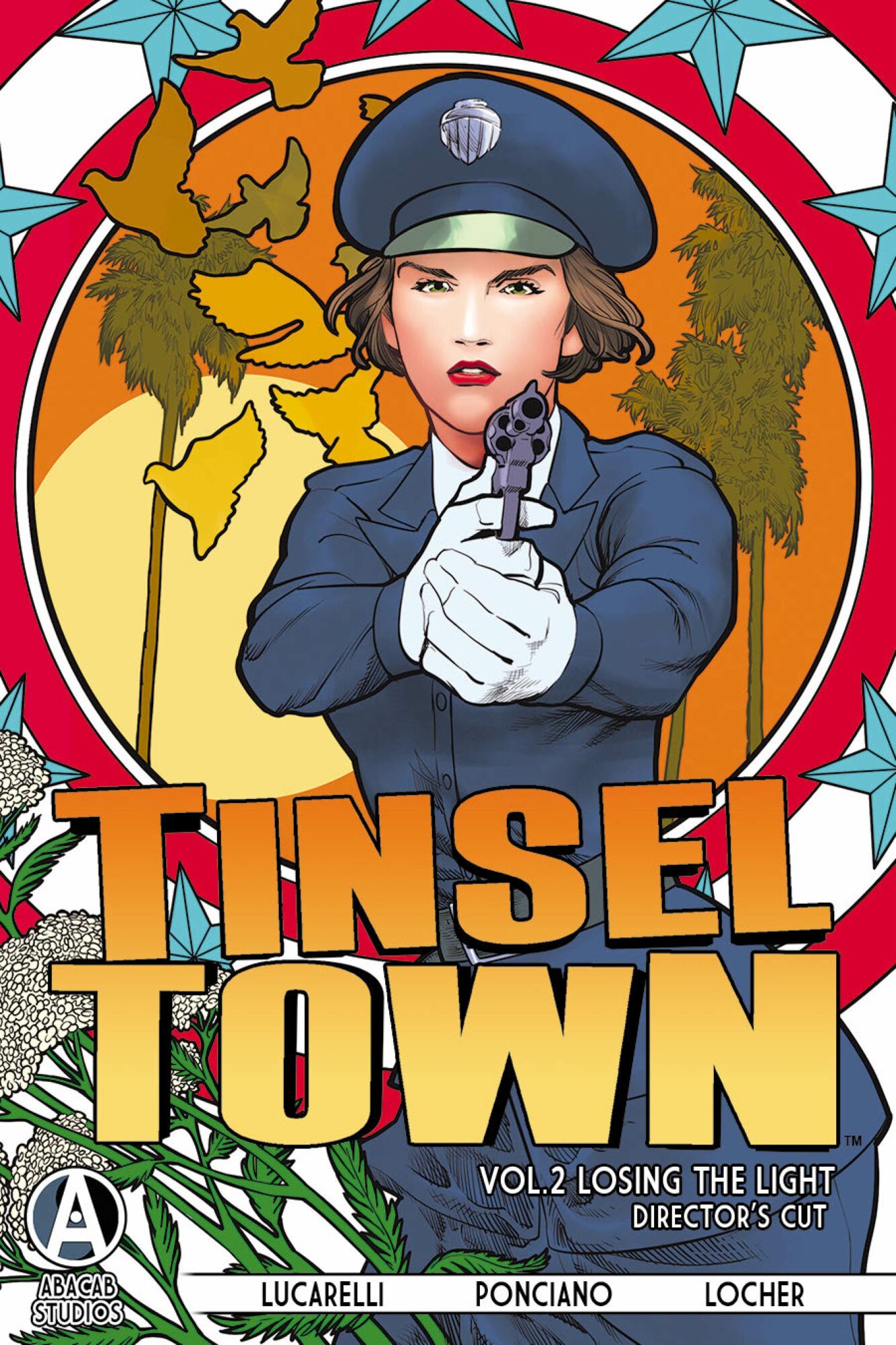 Woman in police uniform holding a gun, surrounded by colorful autumn trees and holiday decorations, with the title 'Tinsel Town'.