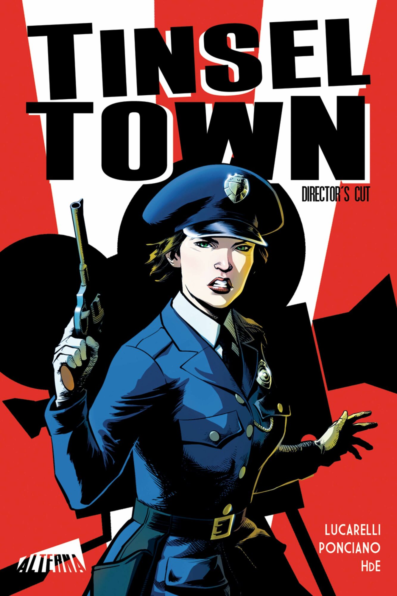 Female police officer in uniform holding a baton, with bold red and black background, and text reading 'Tinsel Town'.