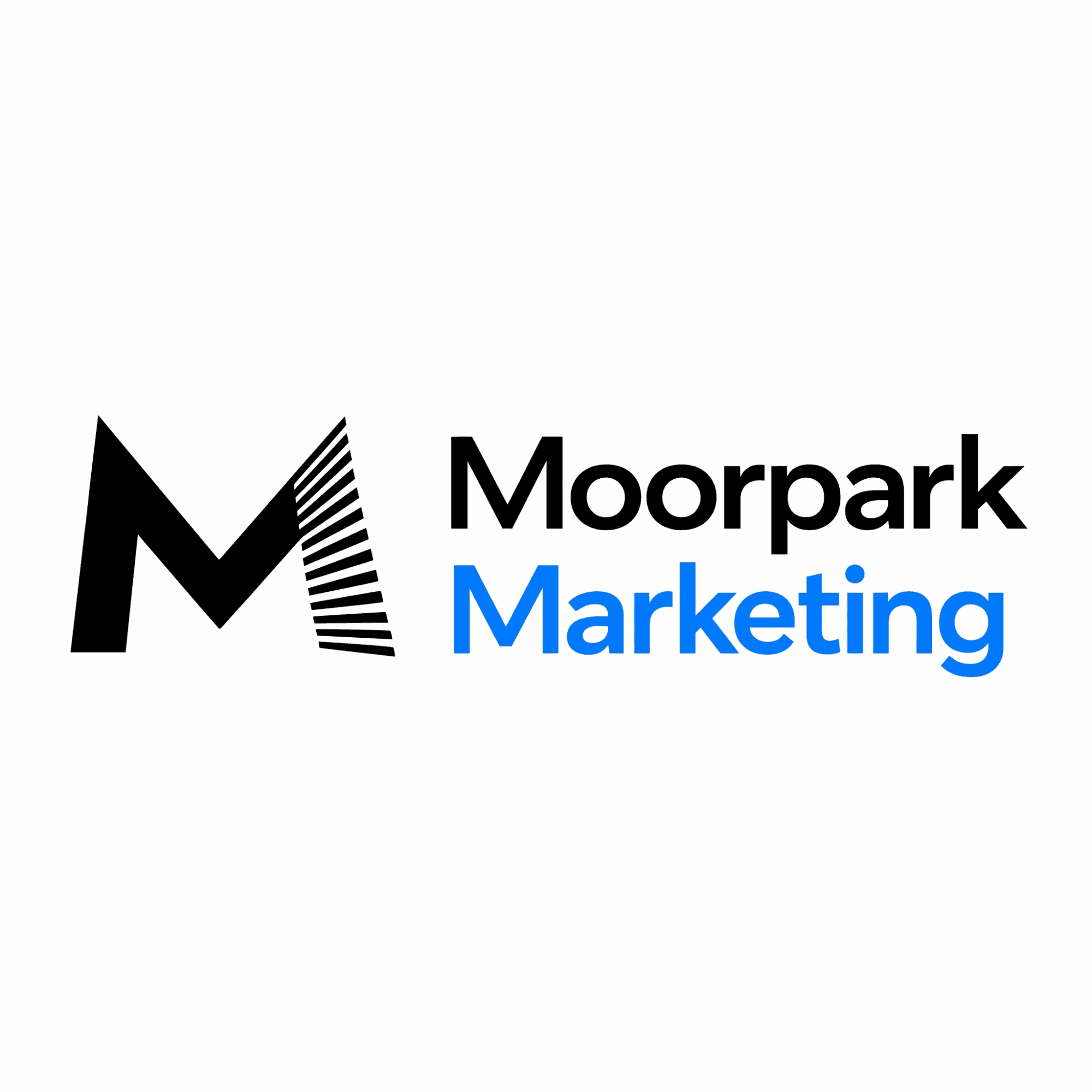 Logo with a stylized letter M, the words 'Moorpark Marketing' in black and blue, on a white background.
