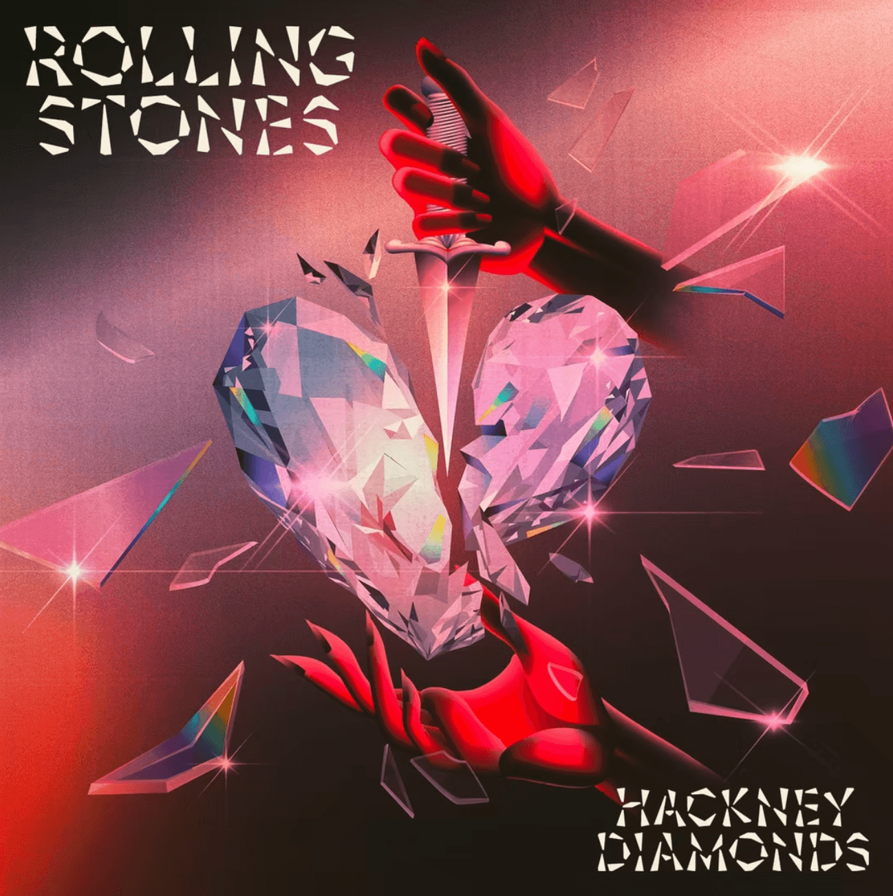 Two hands, one red and one black, hold a broken heart made of diamonds with floating geometric shapes around.