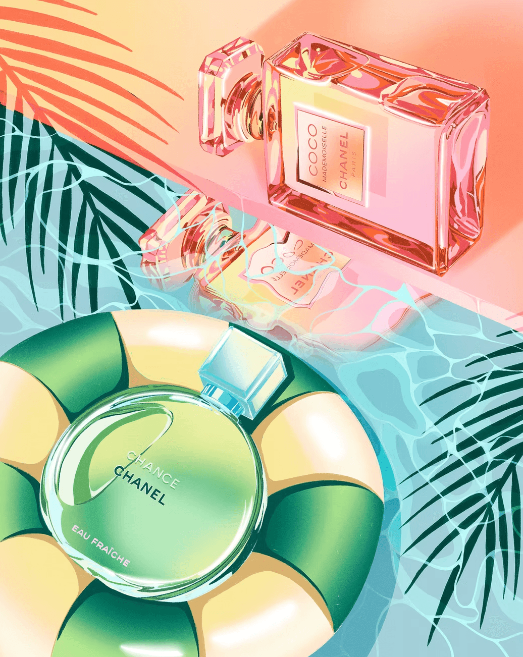 Two perfume bottles, one green and one pink, with tropical leaves and water reflections, on a colorful background.