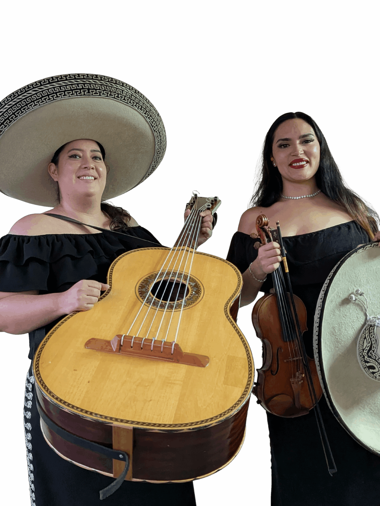 Two women in black dresses holding a guitar and a violin, one with a large sombrero, against a black background.