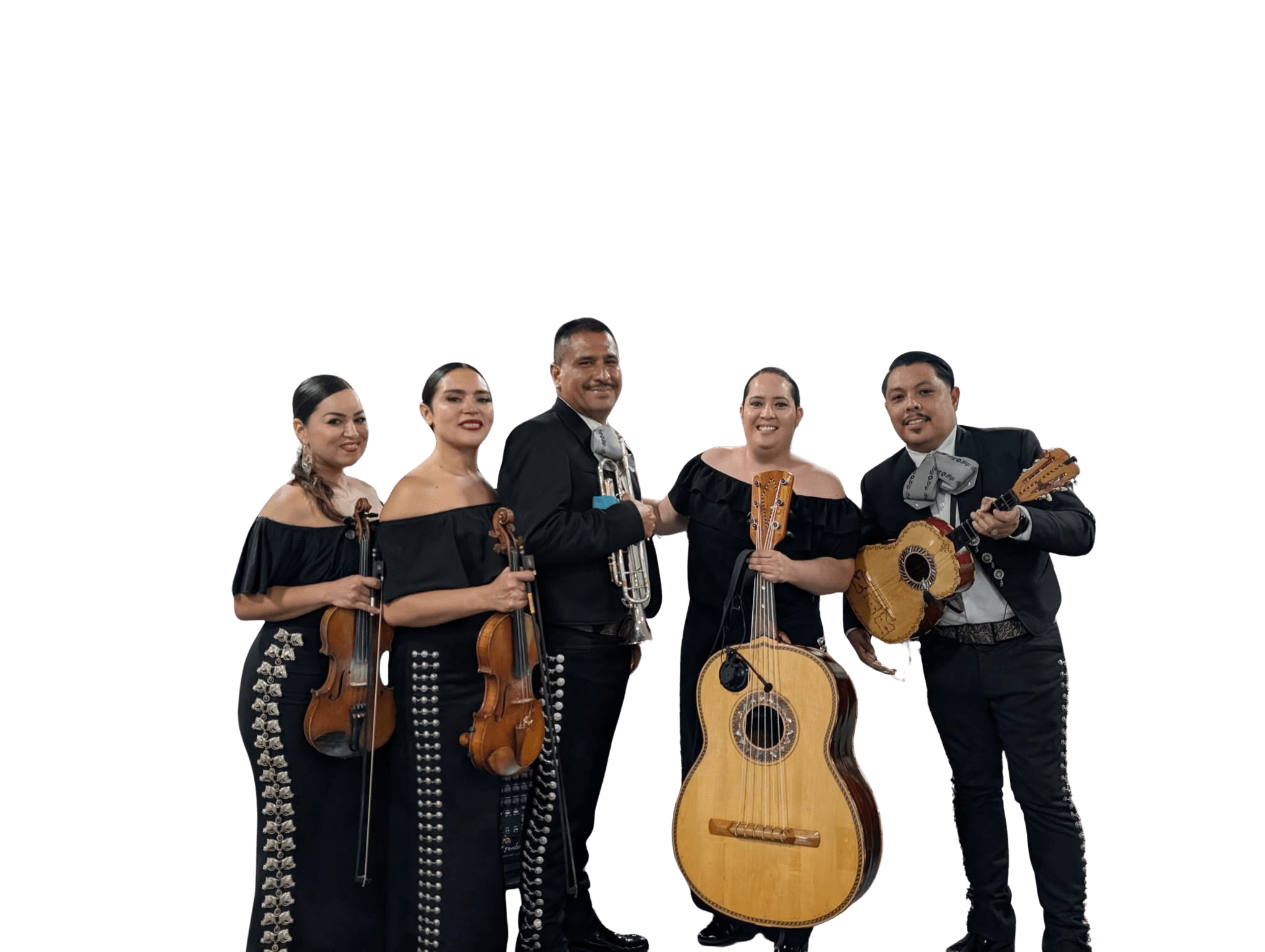 Group of five musicians holding instruments, standing against a black background.