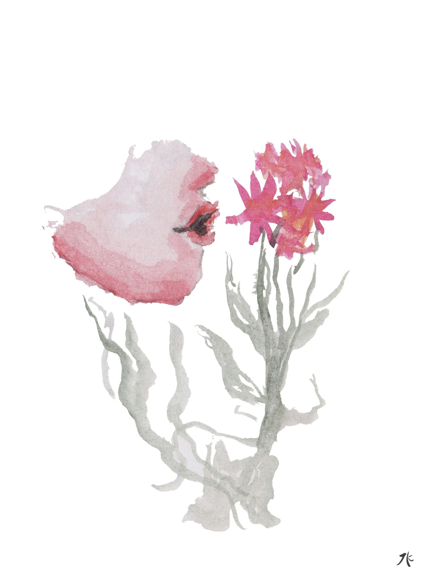 Pink flower with green leaves and stem, watercolor style, on a white background.