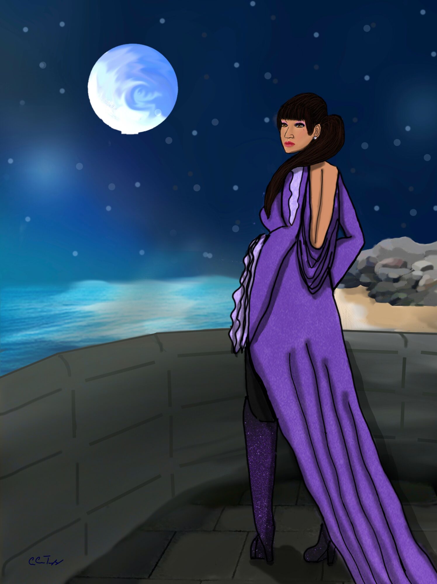 Woman in purple dress standing on a balcony at night with moon and stars in sky.