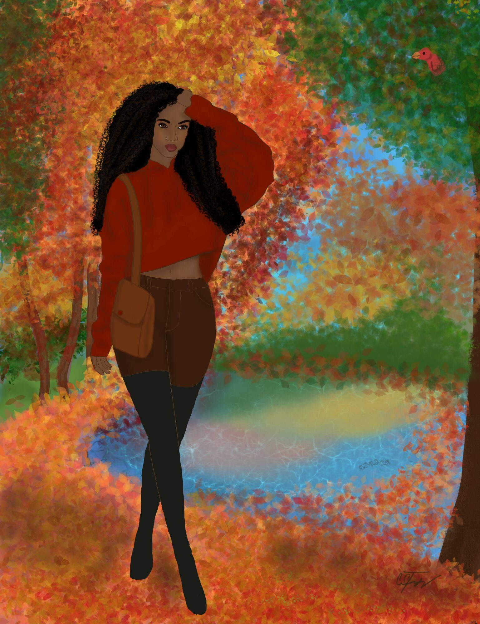 A woman with long dark hair stands outdoors in autumn scenery with colorful trees and a pond, wearing a red top and dark pants.