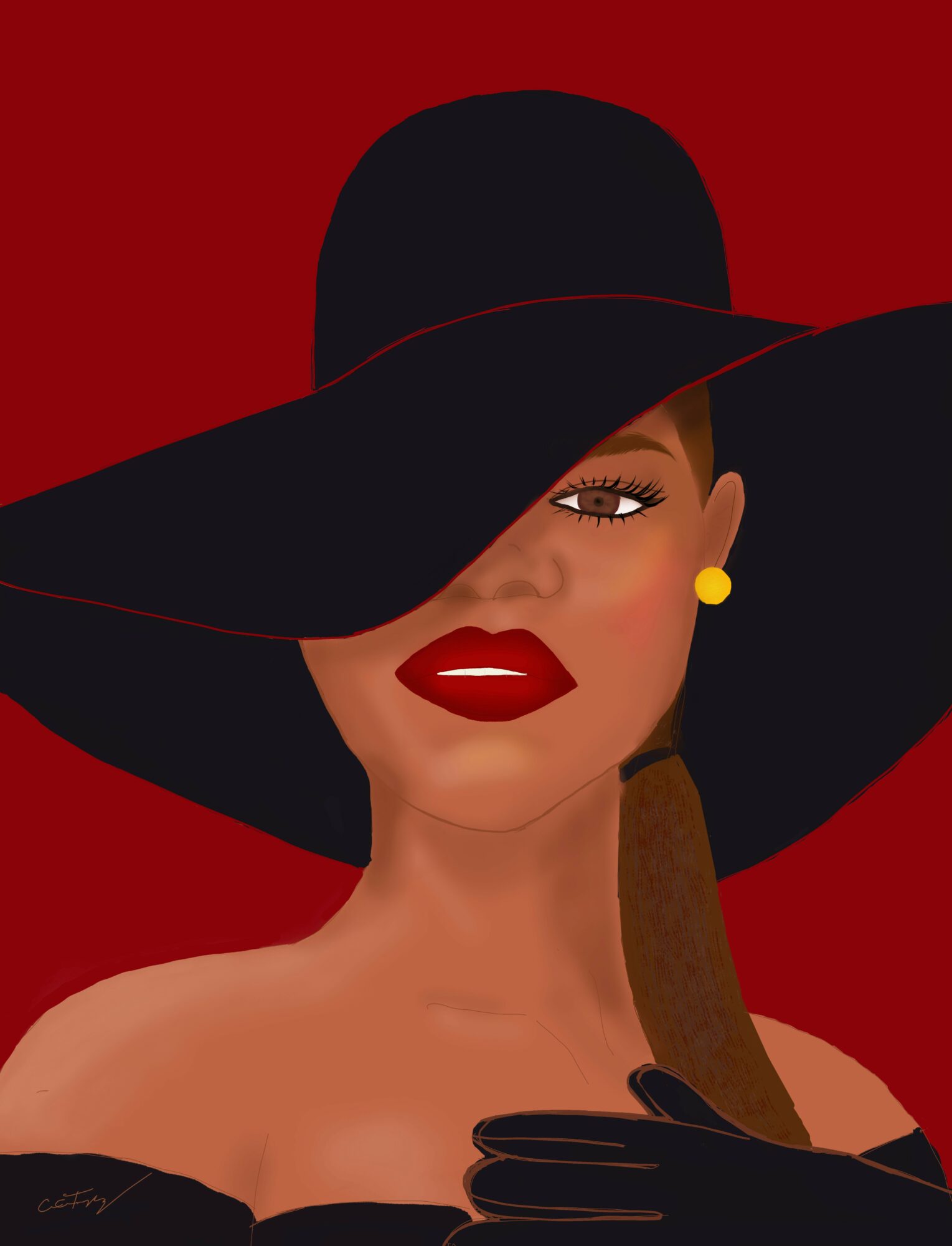 Portrait of a woman wearing a large black hat, red lipstick, and yellow earrings against a red background.