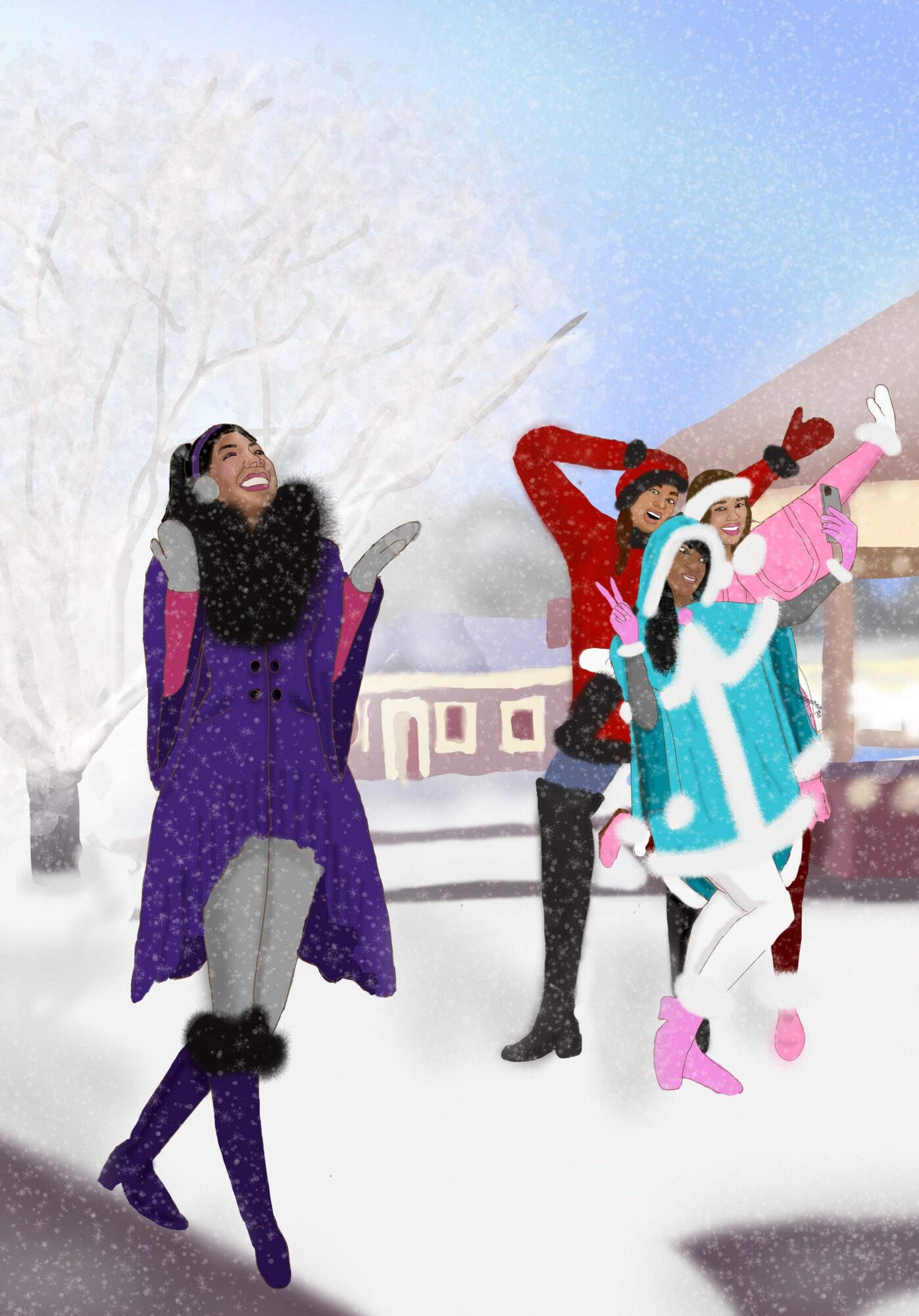 Four people in winter clothing celebrating outdoors in a snowy landscape with trees and buildings, smiling and raising their arms.