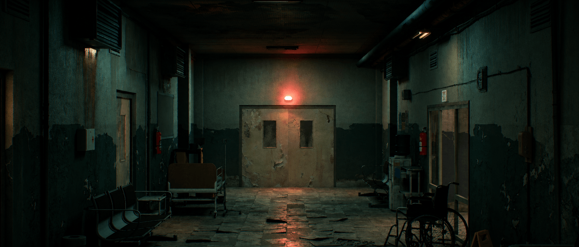 Dark, empty corridor with closed doors, chairs, and a red light on the wall at the end.