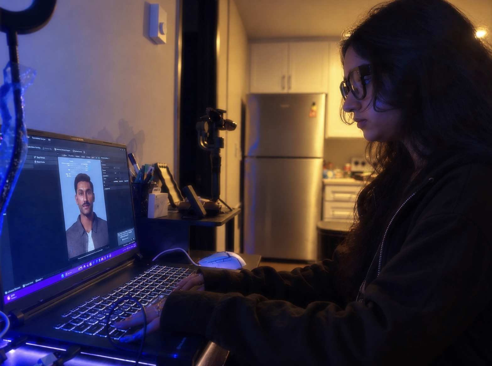 Person sitting at a desk using a laptop, with a video call on the screen showing a woman. Room with kitchen in background.