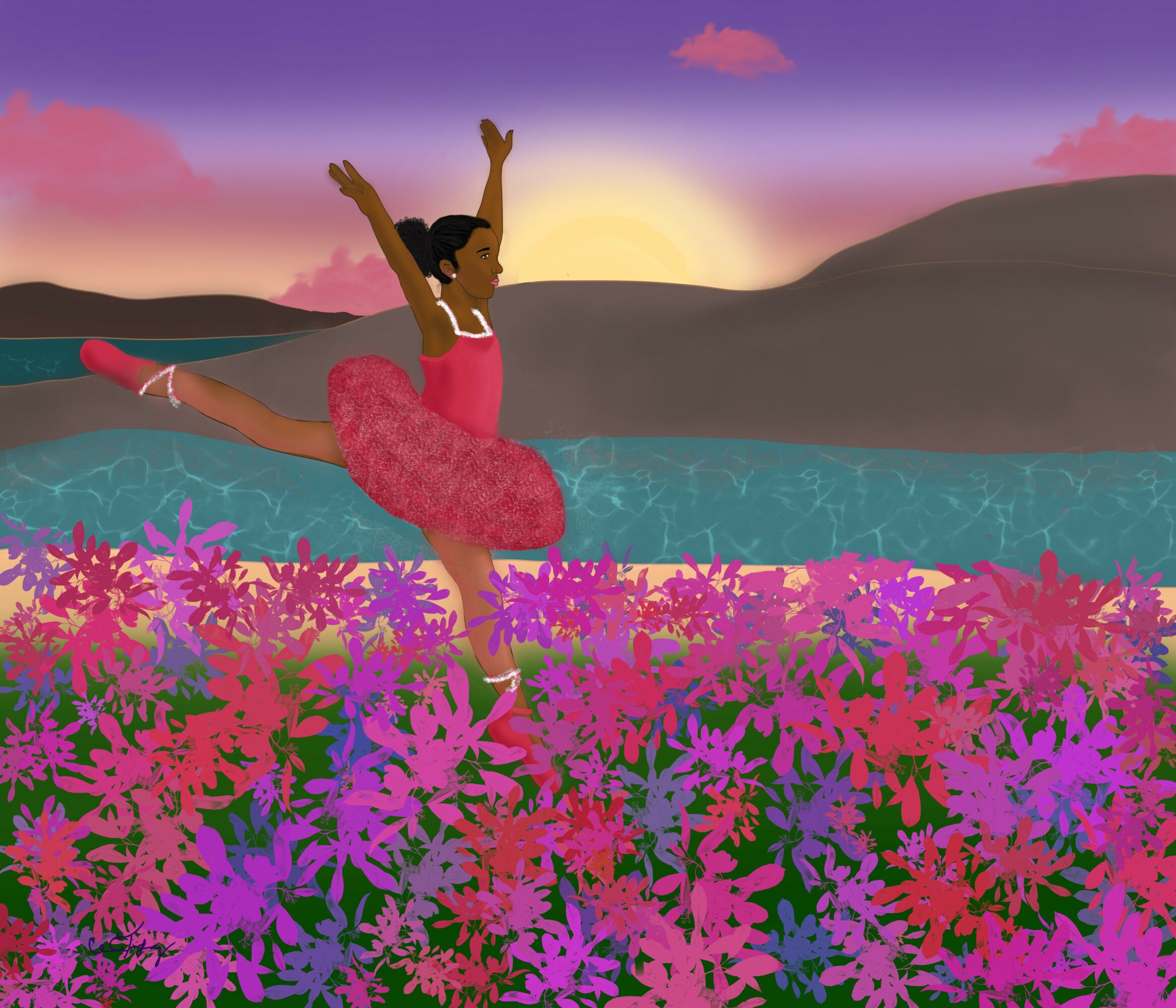 Ballet dancer in pink tutu performs a leap in a colorful landscape with flowers, water, mountains, and a sunset.
