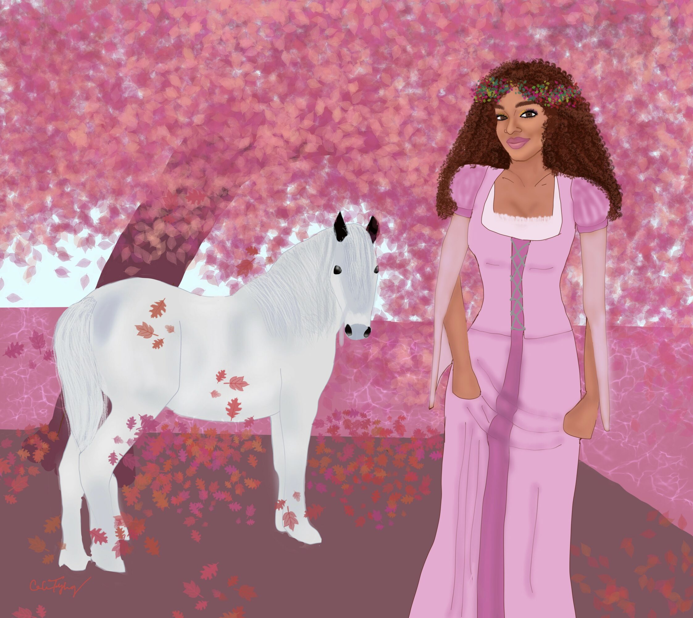 A woman with curly hair in a pink dress stands next to a white horse with pink flowers on its body under pink cherry blossom trees.