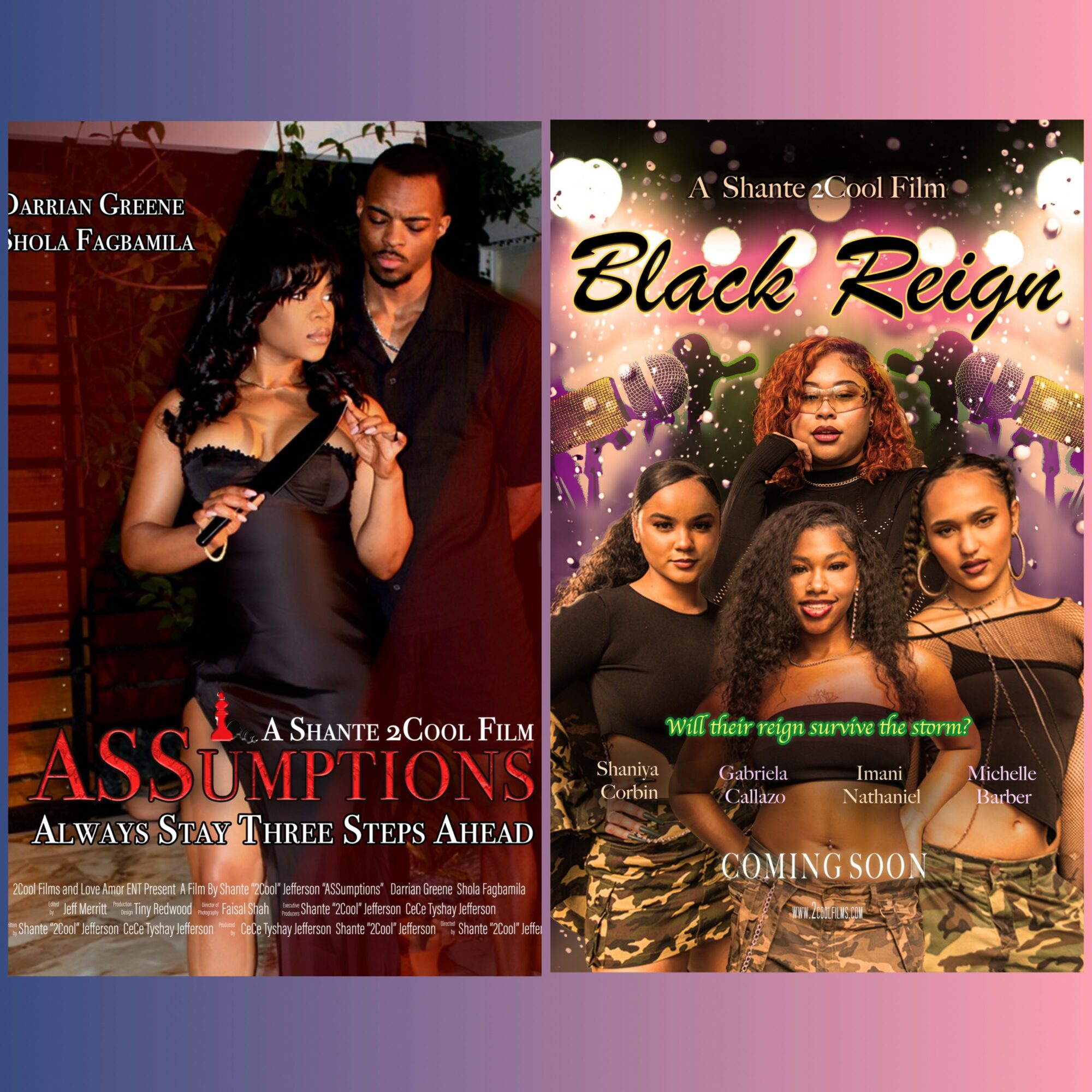 Two promotional posters for films featuring groups of women, with titles and release information, against colorful backgrounds.
