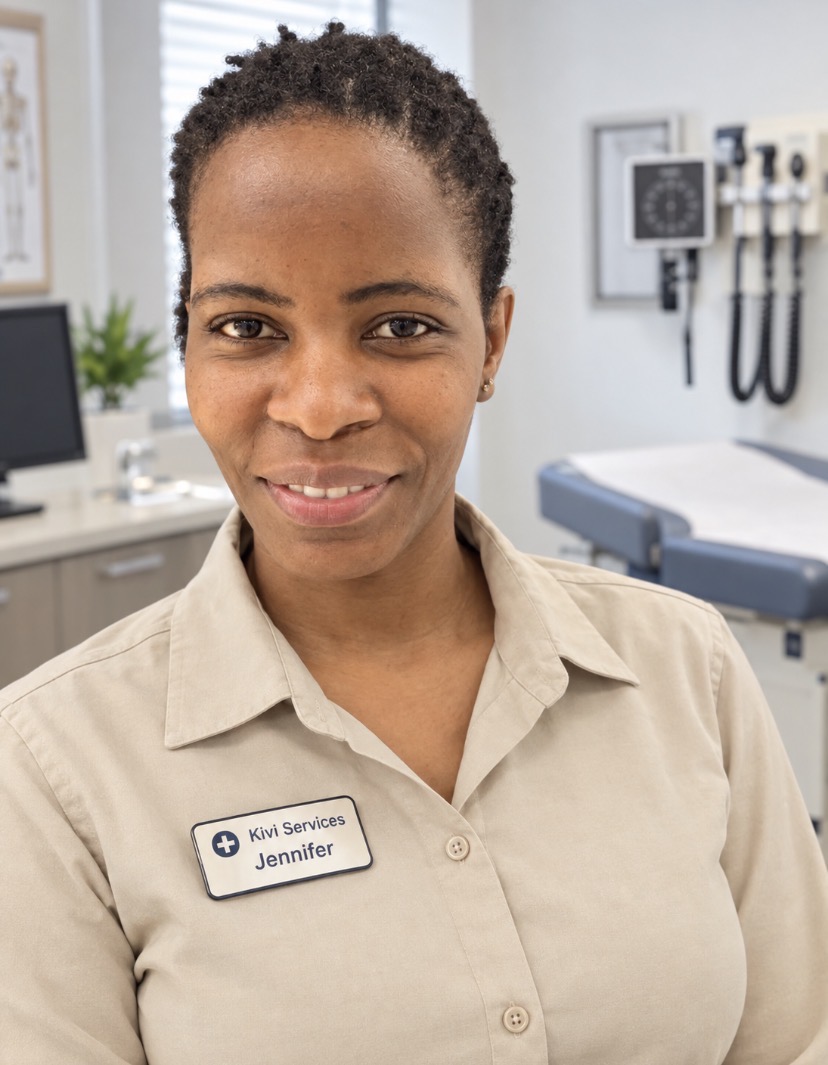 Woman with short curly hair wearing a beige uniform and name tag in a medical office, smiling at the camera.