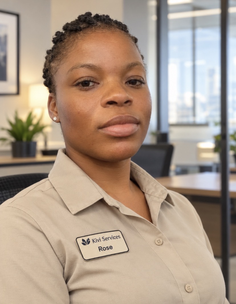 Woman with short curly hair wearing a beige uniform with a name tag in an office setting.