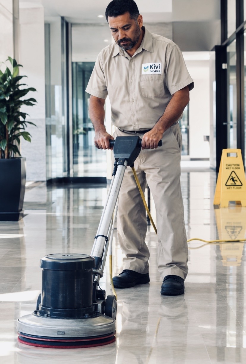 Man operating floor polishing machine in a modern building lobby with plants and a caution sign.