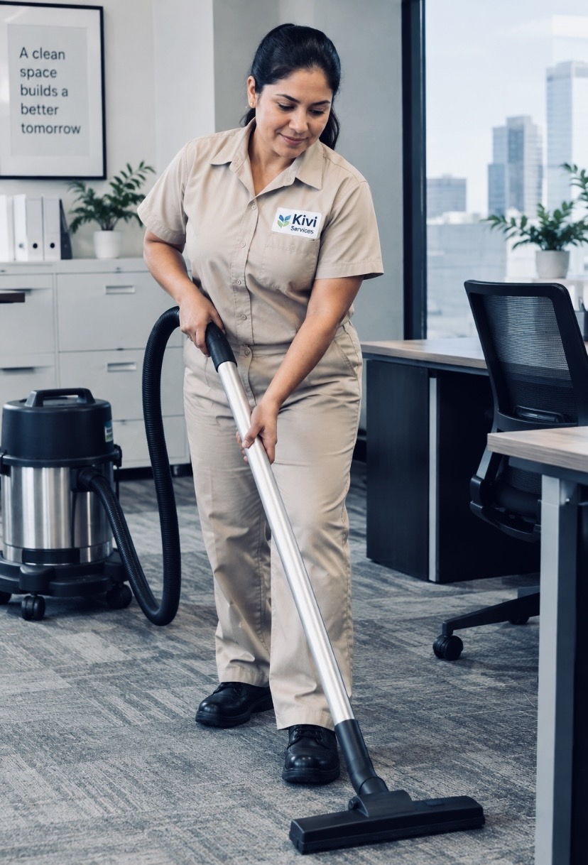 Woman in uniform vacuuming office carpet with vacuum cleaner, smiling, in a modern office with large windows and city view