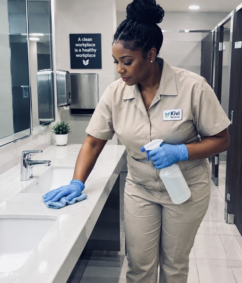 Woman in uniform cleaning a sink with a spray bottle and blue gloves in a modern restroom.