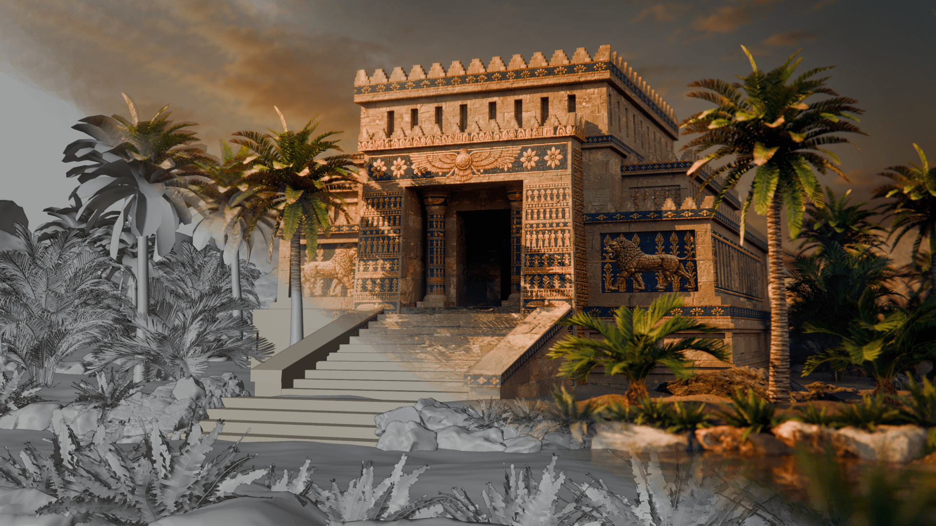 Ancient stone building with a large entrance, surrounded by palm trees and a water body, under a sunset sky.