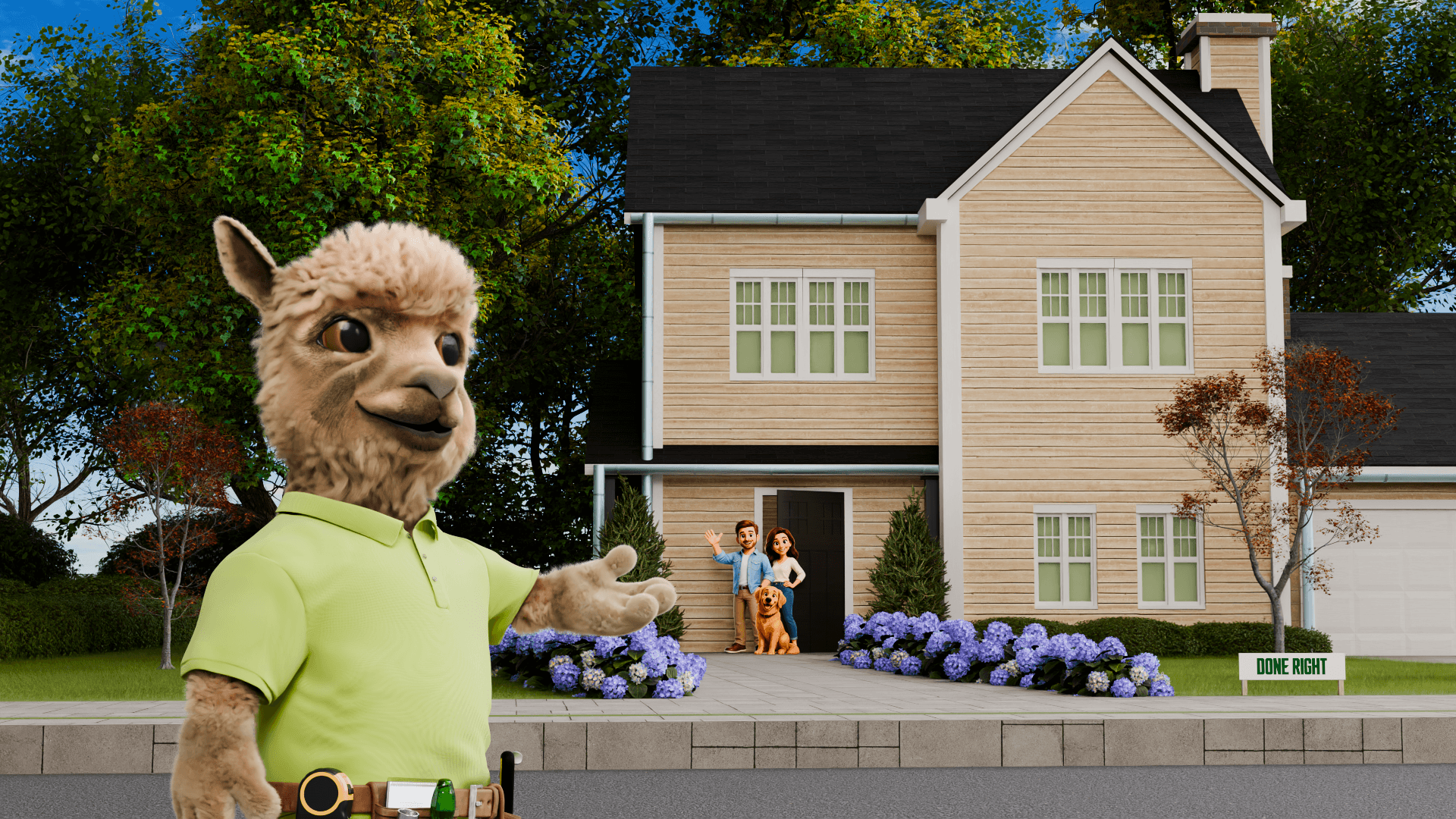 A llama wearing a green shirt stands in front of a house with a group of people on the porch, trees, and flowers.