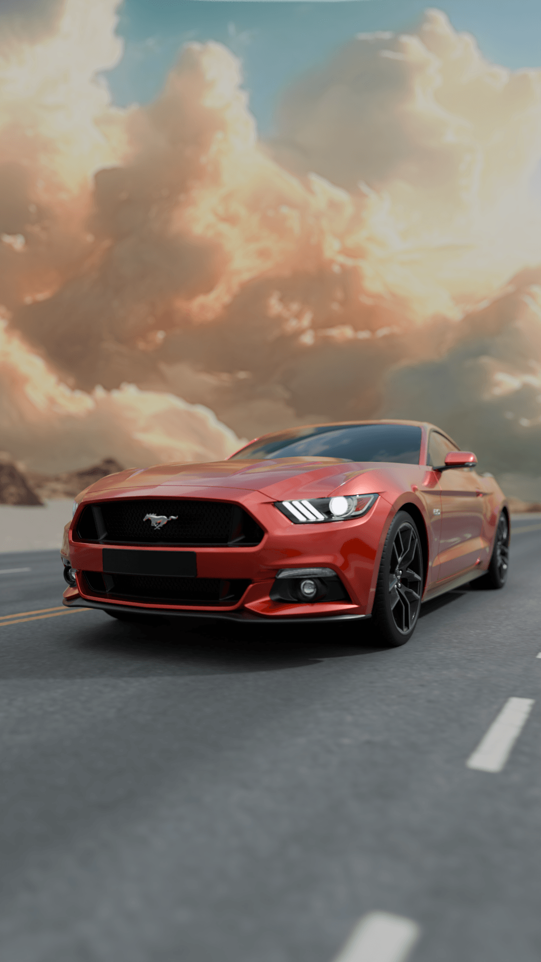Red sports car driving on a road with a cloudy sky background