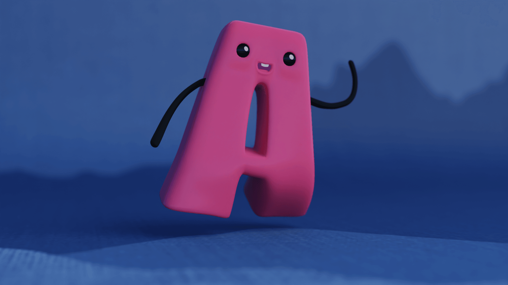 Pink cartoon character with a face, arms, and a mouth, standing on a blue surface with a blue background.