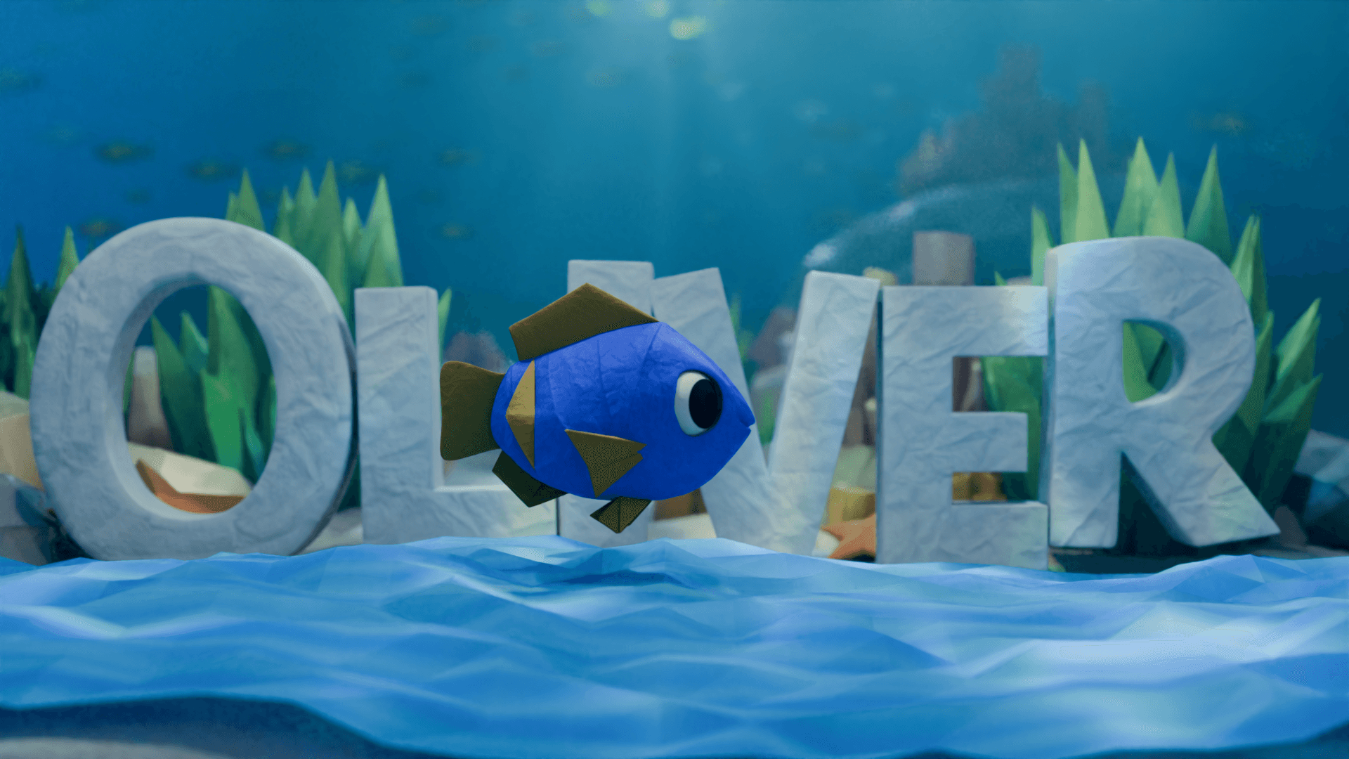 Colorful underwater scene with a blue fish and large stone letters spelling 'OLIVER'.